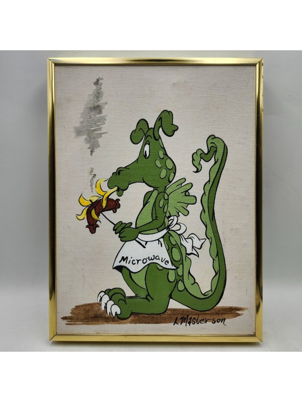 Dragon Cartoon Painting L Masterson Framed Canvas 9X12 Green White Gold Framed
